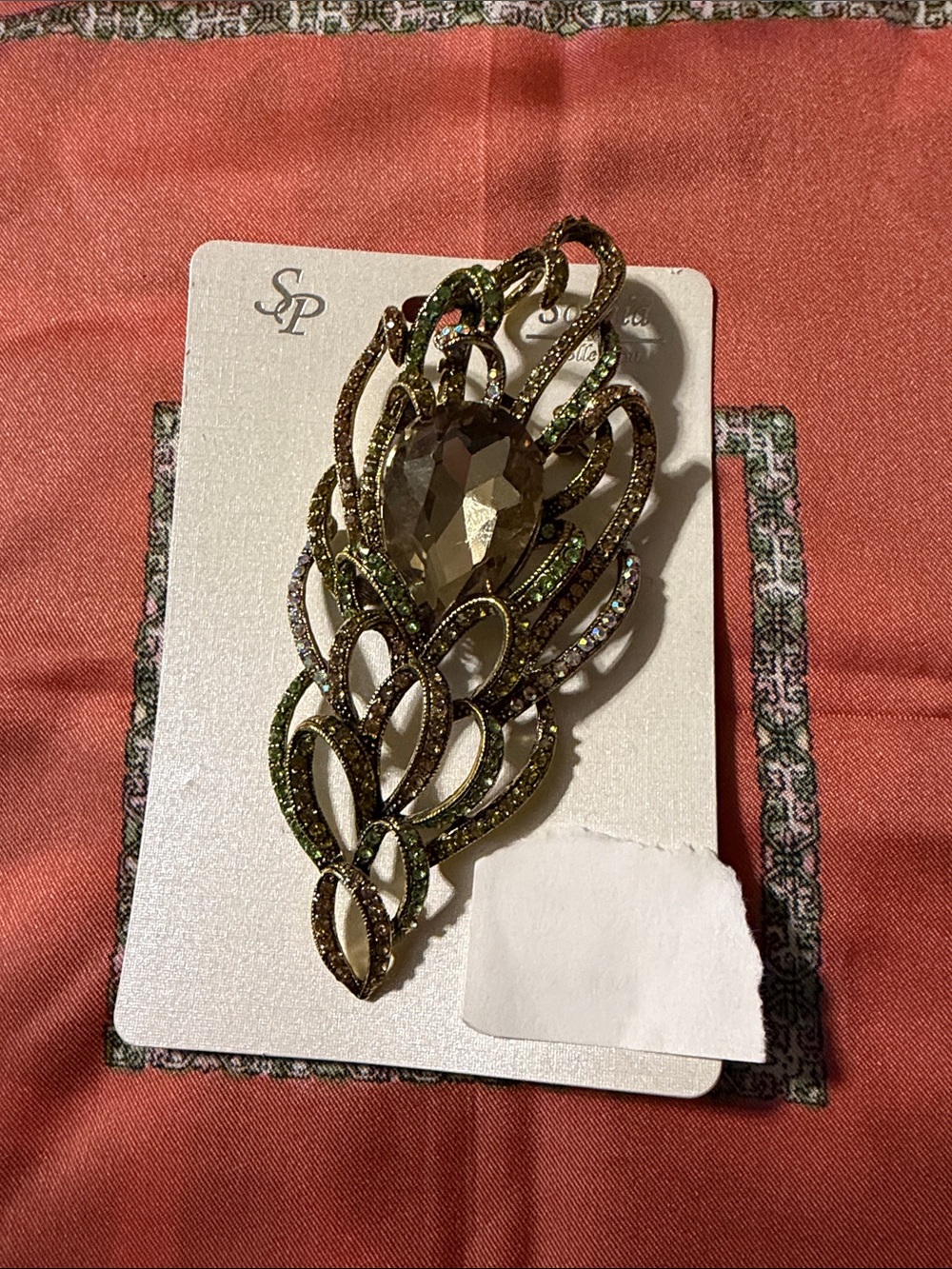 Gold-Tone Green Crystal Teardrop Brooch - 003